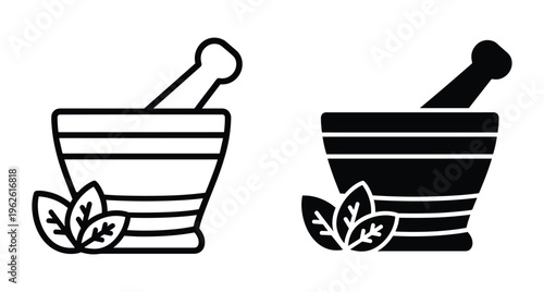 Mortar and pestle icon set with herbal leaves for pharmacy medicine healthcare cooking spices grinding laboratory equipment apothecary wellness treatment