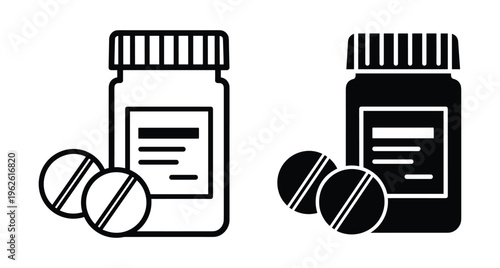 Medicine bottle and pills icon set showing prescription drug container with tablets for healthcare pharmacy medical treatment and wellness