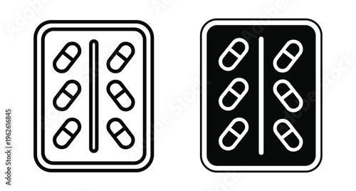 Blister pack of capsules icon set in outline and solid style for medical healthcare pharmacy and medicine drug prescription design