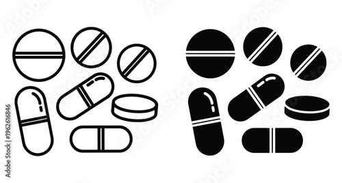 Medical pill and capsule icons set featuring round tablets and medicine supplements in outline and solid black silhouette vector style for healthcare pharmacy