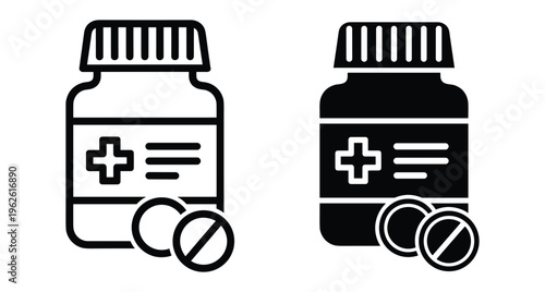 Medicine bottle icon set with pills and cross symbol for healthcare pharmacy medical prescription drug treatment healthcare clinic hospital services