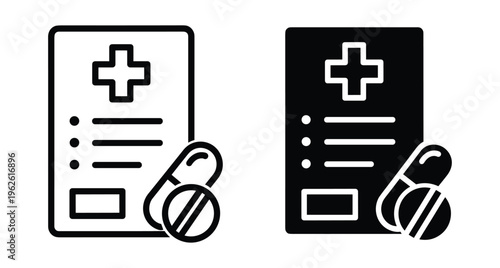 Medical prescription document icon set with cross symbol and pills for healthcare pharmacy treatment and patient medication record management system