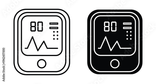 Digital blood pressure monitor icon set showing heart rate pulse wave and numeric display for medical health tracking equipment monitor