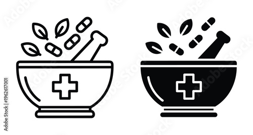 Mortar and pestle icon set with medical cross herbal leaves and pills for pharmacy apothecary traditional medicine healthcare supplements wellness clinic