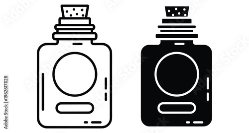 Glass bottle with cork stopper icon set in outline and solid black style for packaging medicine pharmacy chemistry laboratory storage liquid container vessel apothecary jar