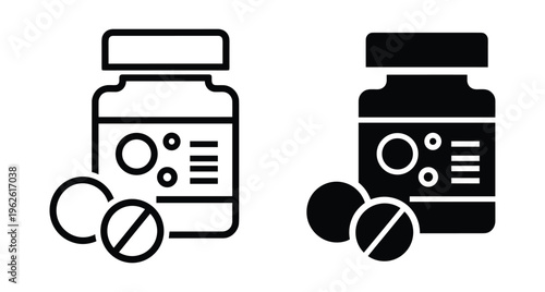 Medicine bottle icon set with pills and tablets for pharmacy healthcare medical treatment prescription drug container symbol graphic design