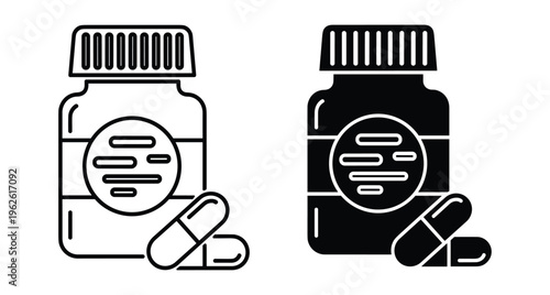 medicine bottle and capsule icons in outline and solid black styles for pharmacy healthcare medical supplement and vitamin packaging design