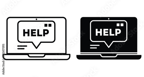 Laptop computer with help message speech bubble icon set for online support customer service technical assistance and digital troubleshooting