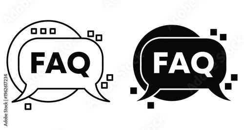 FAQ icon set featuring speech bubble designs with frequently asked questions text in outline and solid black flat vector styles
