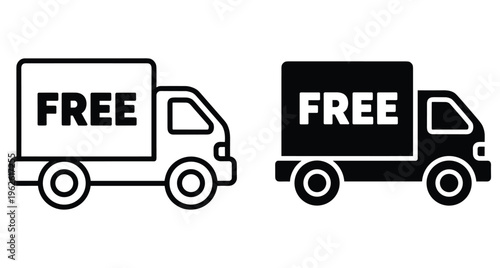 Free delivery truck icon set with outline and solid black silhouette styles for shipping logistics transport commerce and online shopping