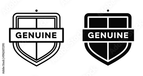 Genuine shield icon set with outline and solid black versions for product authentication quality assurance and brand trust verification symbols