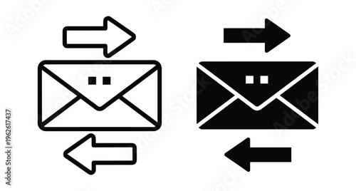 Email exchange icon set showing mail envelope with transfer arrows for sending and receiving digital messages in outline and solid styles