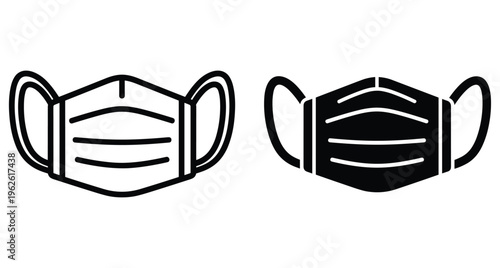 Medical face mask icons set with outline and solid black styles for health protection safety equipment and virus prevention