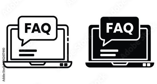FAQ laptop icon set showing frequently asked questions on computer screen with speech bubble for online support and customer service help