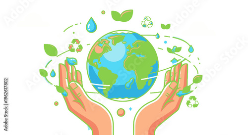 Hands cradling the Earth with eco-friendly symbols.