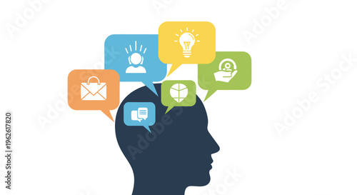 A silhouette of a human head with thought bubbles.