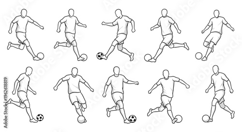 Set of Male Soccer Players Playing Football Various Poses on Isolated White Background