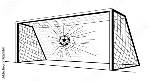 Soccer Ball Hitting Goal Net with Dynamic Impact Lines, Isolated White Background