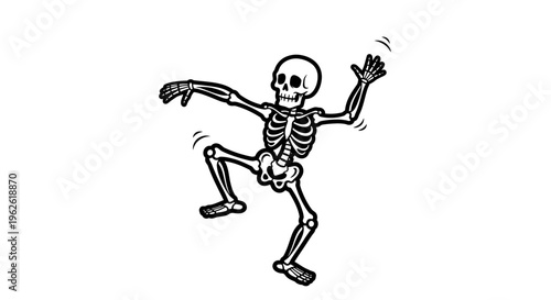 Energetic happy cartoon skeleton character dancing or jumping vigorously, isolated white background.