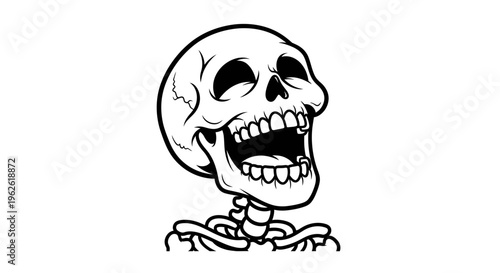 Exaggerated laughing cartoon skeleton skull with wide open mouth, isolated white background.