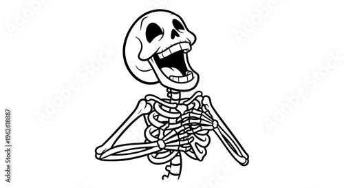 Joyful cartoon skeleton character laughing heartily with wide open mouth, isolated white background.