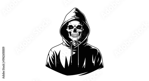 Mysterious skull character wearing a hooded sweatshirt, isolated white background.