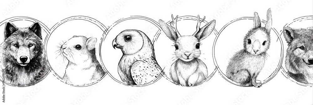 Fototapeta premium Doodle Banner Featuring Black Ink Sketches of Animals Including a Wolf, Bear, Deer, Owl, Fox, Rabbit, Hedgehog, and Squirrel in Doodle Frames