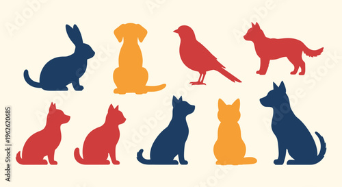 Colorful vector silhouettes depicting a variety of beloved pets and common animals such as dogs, cats, a rabbit, and a bird, ideal for modern graphic design projects