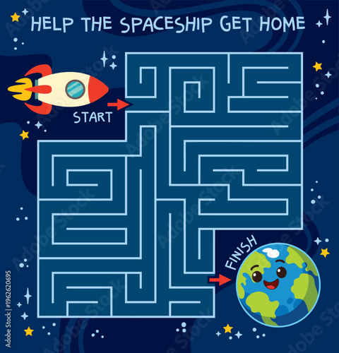 Educational space maze for kids where a spaceship travels to Earth. Fun learning activity that develops logic, attention, and problem-solving skills through an engaging space adventure.