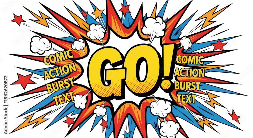 Obraz premium Energetic comic style GO text with vibrant burst effect.