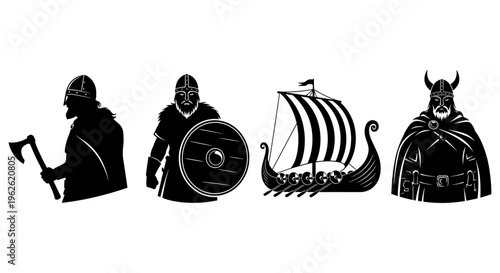 Viking Warriors and Ship Silhouette