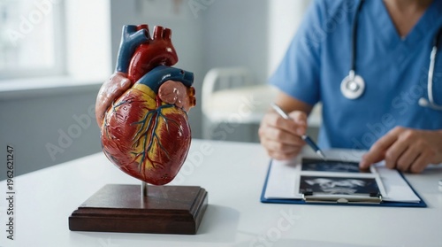 Anatomy of Health: A medical professional meticulously examines a detailed anatomical model of a human heart, capturing the essence of the study of the organ.