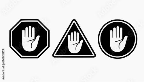 Stop hand sign icon set with warning symbols in octagon triangle and circle shapes