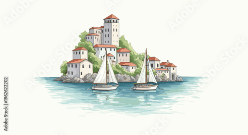 Coastal Village With Sailboats