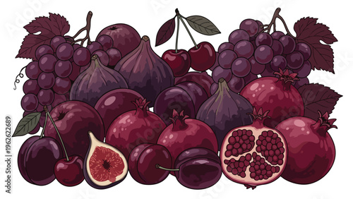 Illustrative Pile of Purple and Red Fruits: Grapes, Figs, Pomegranates, Plums, Cherries. Healthy Food Still Life.