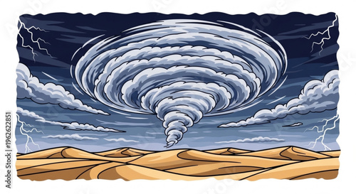 Large tornado storm over desert landscape with sand dunes under dark cloudy sky with lightning