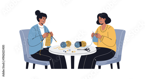 Two Women Knitting Together