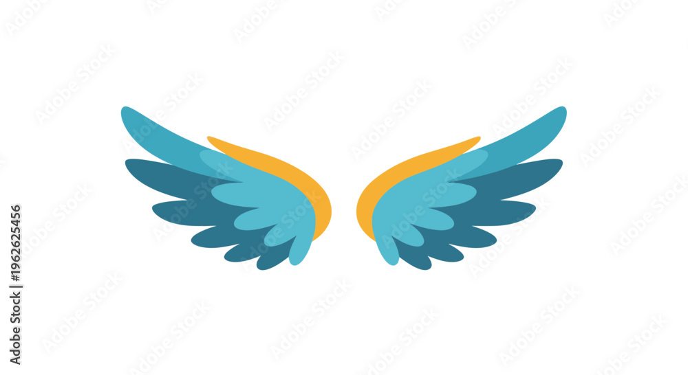 Obraz premium Stylized illustration of spread blue and gold wings against a white backdrop