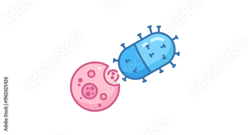 Stylized illustration of a virus attacking a cell with simplistic and bold line art