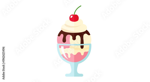 Stylized ice cream sundae with cherry topping in elegant glass bowl presentation