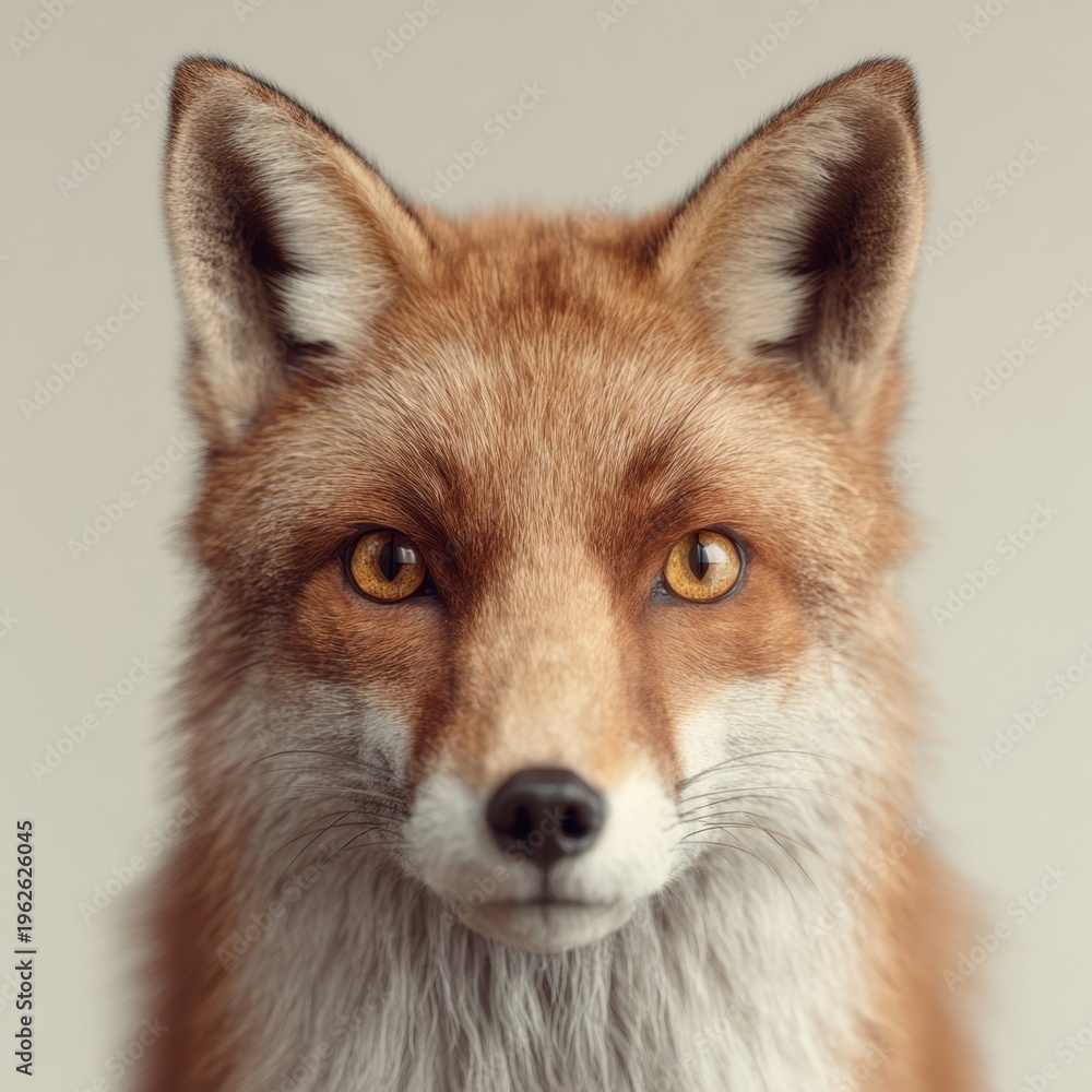 Fototapeta premium Hyperrealistic 3D Portrait of a Fox With Detailed Fur and Amber Eyes Against a Clean Background