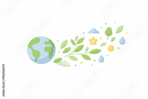 Stylized Earth illustration with flowing pastel leaves, flowers, and water droplets, embodying environmental harmony and sustainable natural growth