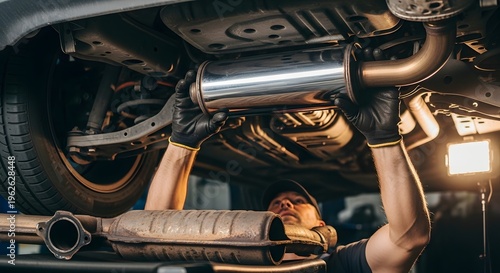 Close up view of a car's exhaust system and muffler in a garage