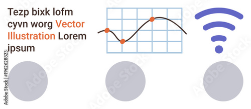 Business data analysis, wireless communication, technology concepts, data flow visualization, network signal, graphic design elements. Line graph and wireless icon with placeholder shapes. Business