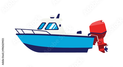 Stylized speedboat illustration with bright colors and simple geometric shapes isolated