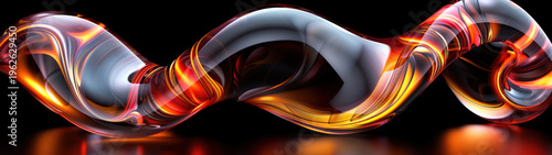 Fiery orange and amber swirls pulse through A Sinuous Dance of Molten Light and Glass, as the translucent, undulating form casts a warm, radiant glow against a stark, reflective black surface
