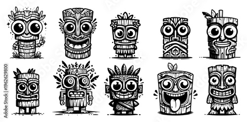 Tiki Mask Vector Set, Hawaiian Tribal Totem Characters Illustration, Funny Tropical Polynesian Wood Carvings for Summer Beach Parties