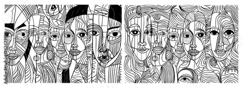 Abstract Cubist Faces Line Art Vector, Geometric Human Portrait Pattern Illustration, Artistic Mosaic People Characters Drawing