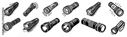 Flashlight Vector Icon Set, Portable Light Torch Collection for Camping and Survival, Industrial Emergency Equipment Illustrations