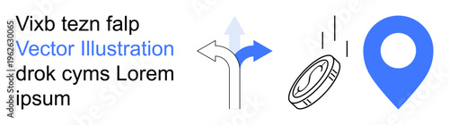 Navigation, decision-making, financial planning, travel, location tracking, business strategy. Arrows, a coin and a location pin navigation and finance. Navigation and financial planning concept